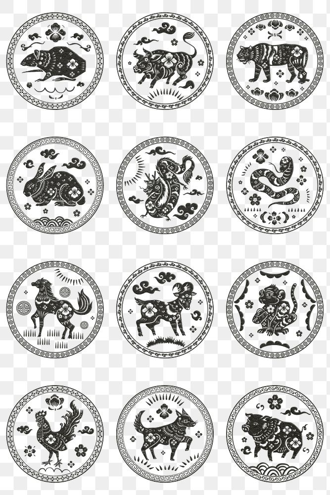 Chinese horoscope animals badges png black new year design element collection