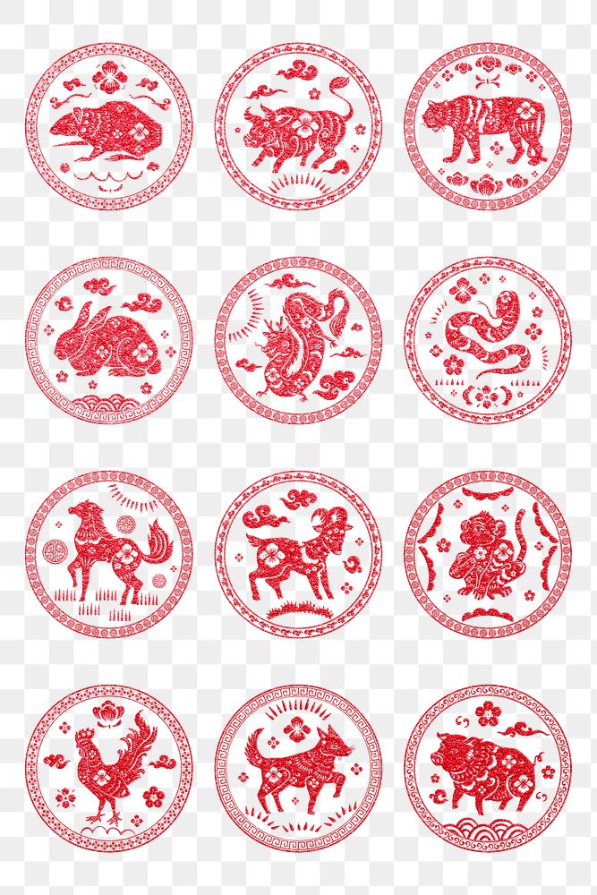 Chinese animal zodiac badges png red new year design elements set