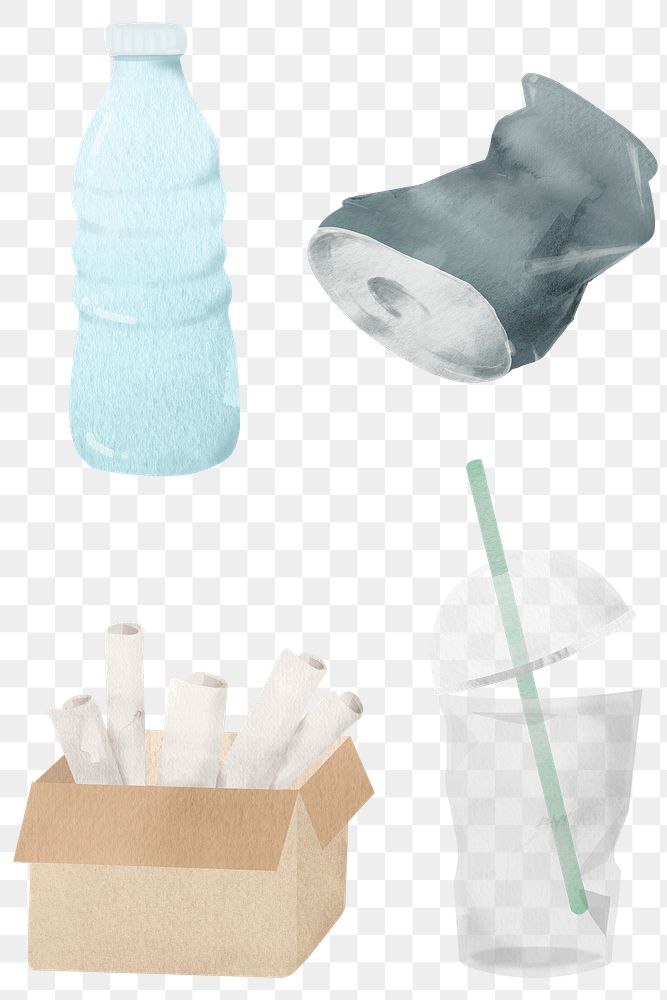 Png recyclable trash in watercolor design element set