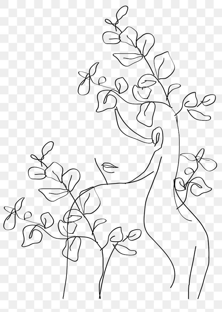 Png woman floral minimal black line art illustration
