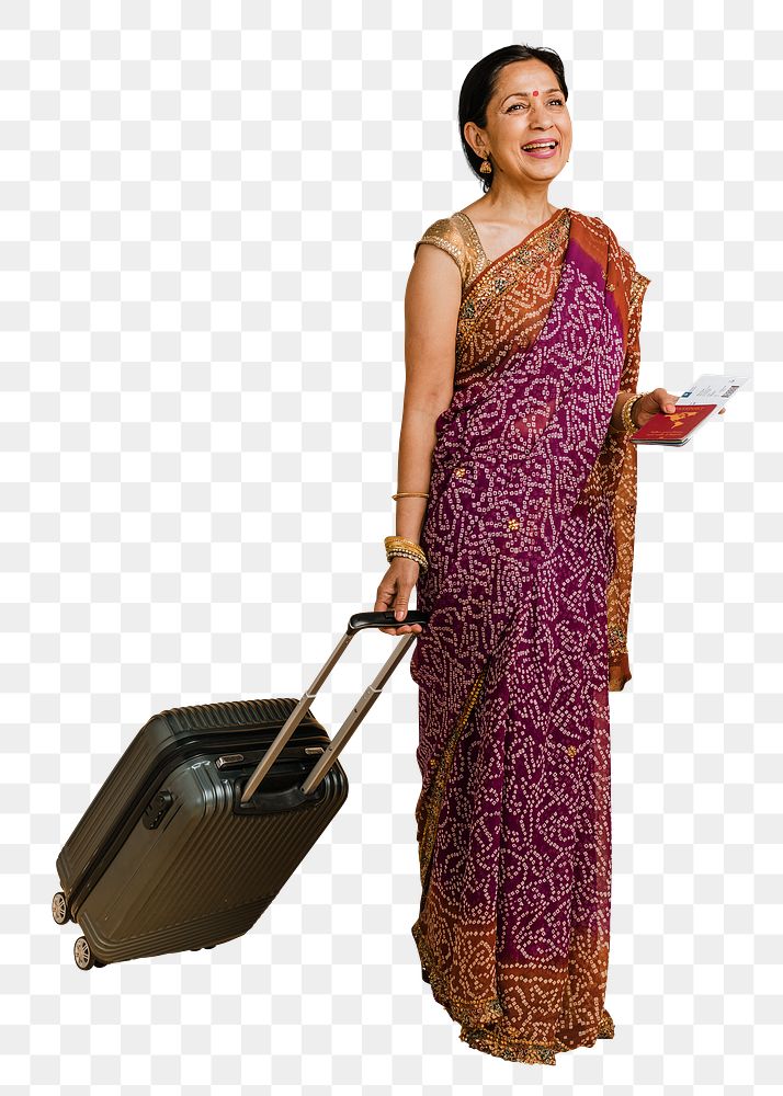 Happy Indian woman in a traditional saree ready for boarding mockup