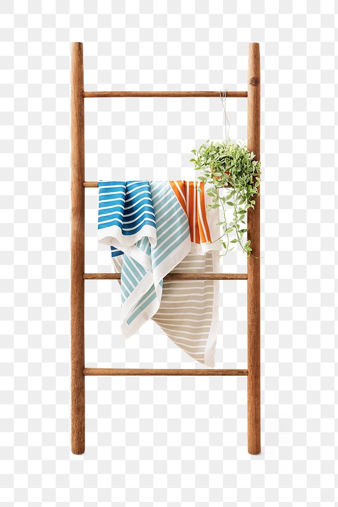 Towel and a plant hanging on a wooden ladder design element 