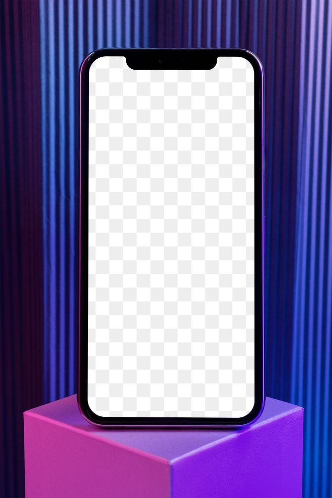 Black smartphone screen mockup background on purple cubic stand