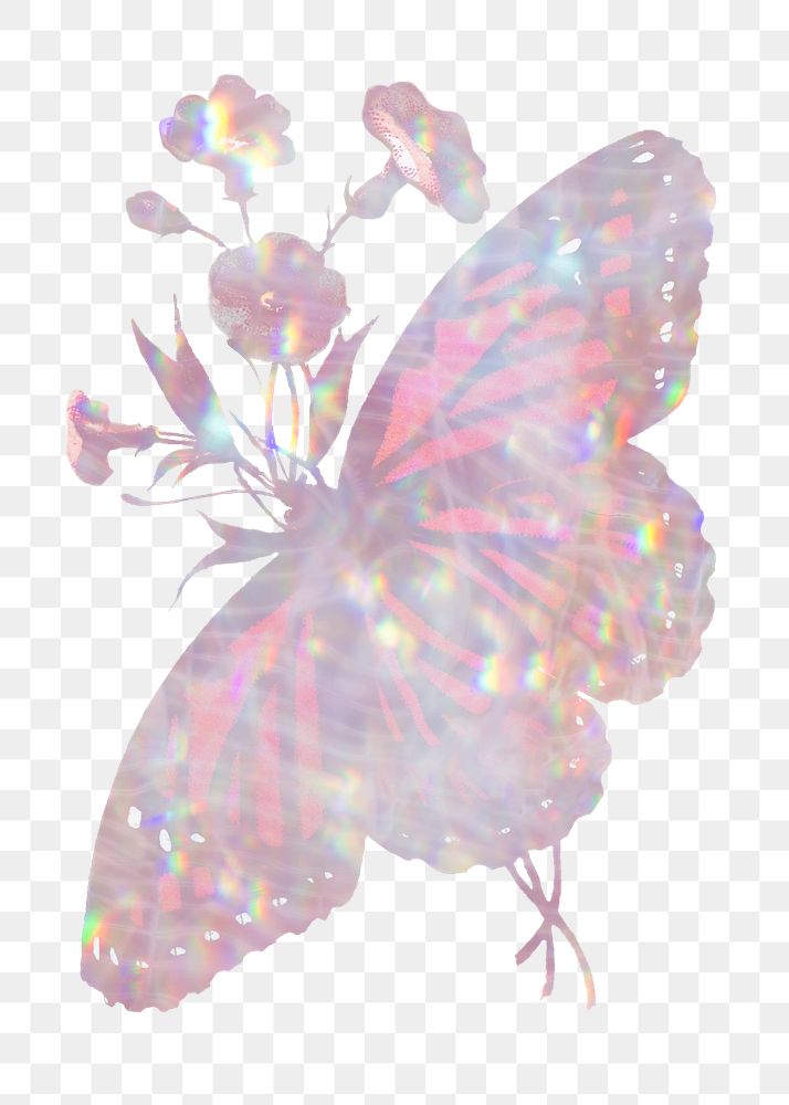 Pink holographic butterfly and flowers design elements