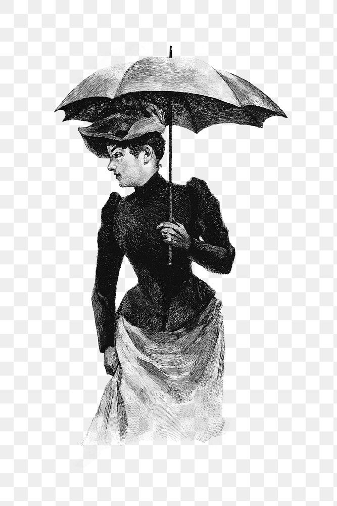 PNG Woman wearing a vintage European style attire with an umbrella, transparent background