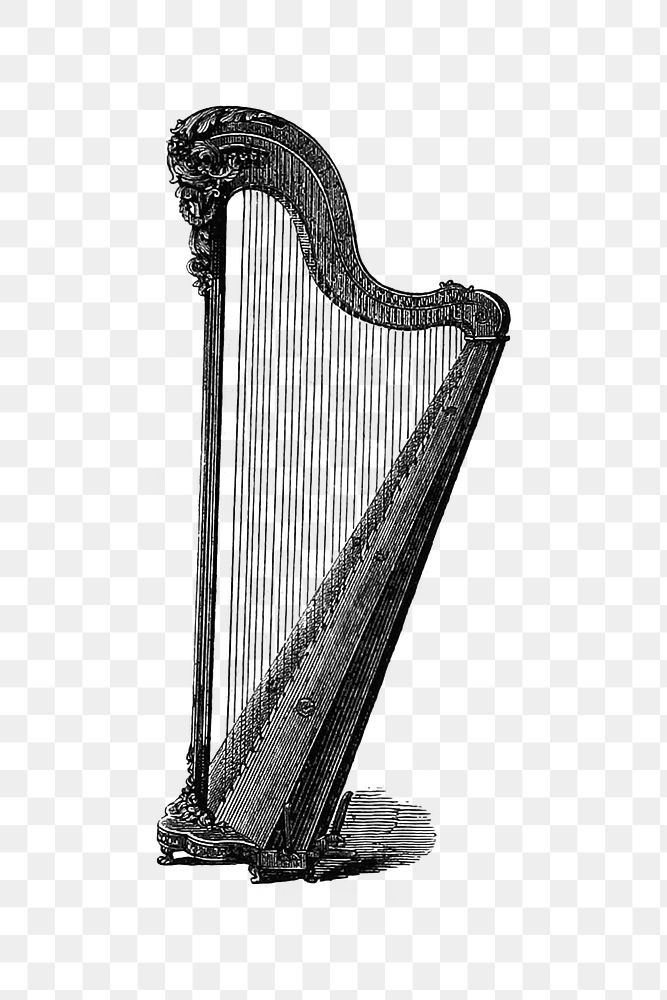 PNG Vintage European style harp engraving, transparent background