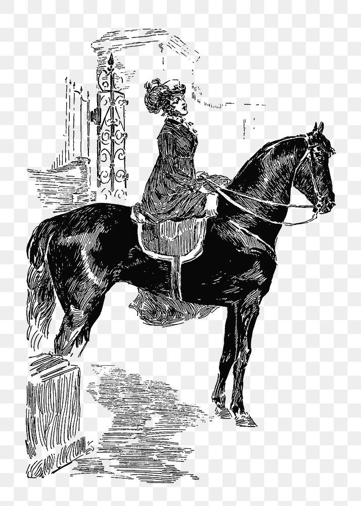 PNG Drawing of a lady on a horseback, transparent background
