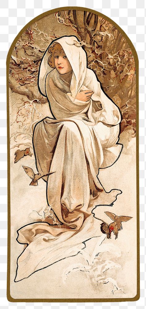 Art nouveau winter woman png, remixed from the artworks of Alphonse Maria Mucha