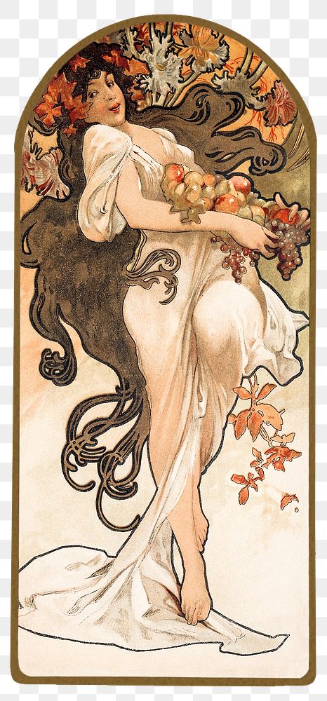 Png art nouveau woman with fruits, remixed from the artworks of Alphonse Maria Mucha