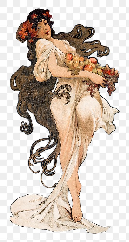Png art nouveau lady with fruits, remixed from the artworks of Alphonse Maria Mucha