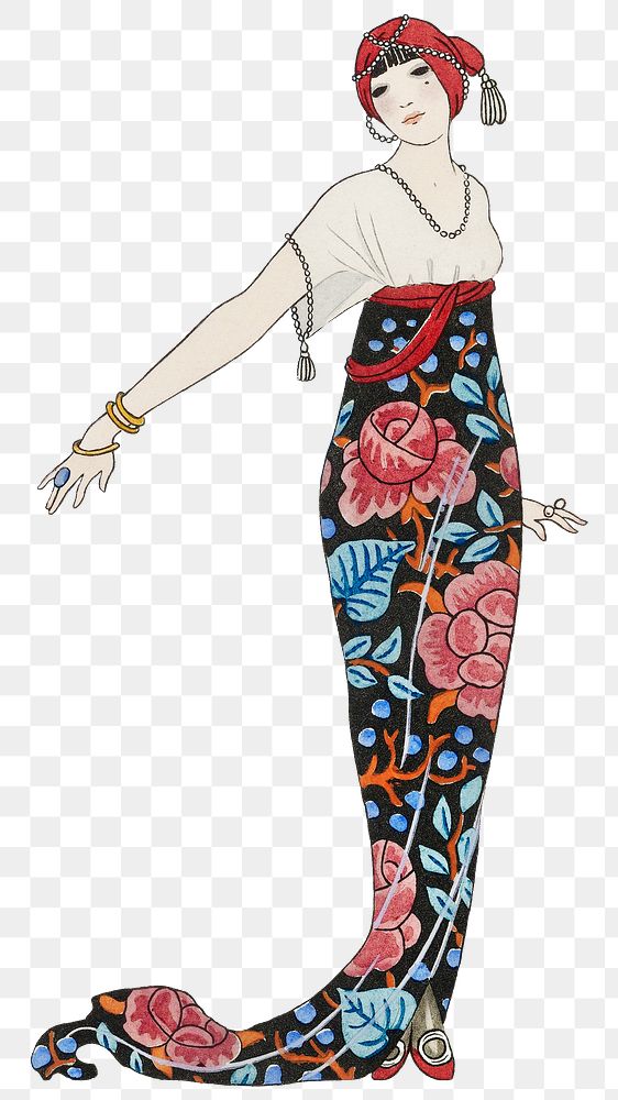 Woman in floral dress png19th century fashion, remix from artworks by George Barbier