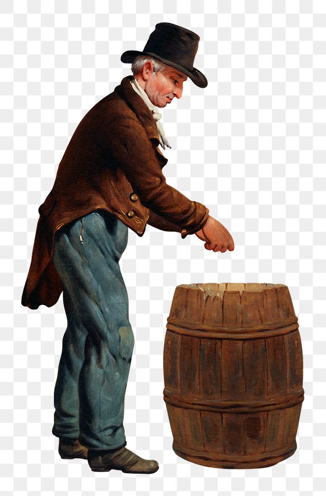 A man standing in old-fashioned clothes with wooden barrel transparent png