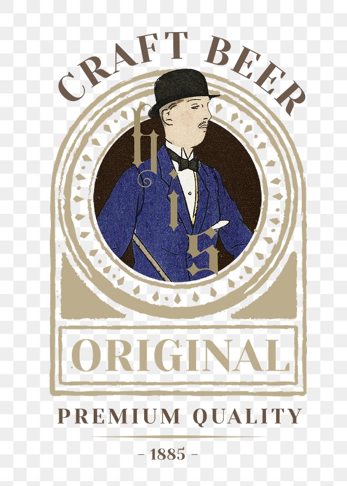 Png badge with vintage man on craft beer logo design, remixed from the artworks by Bernard Boutet de Monvel