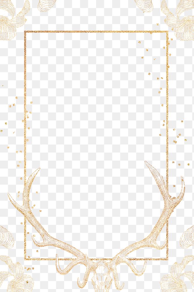 Gold frame png, animal skull drawing graphic on transparent background  