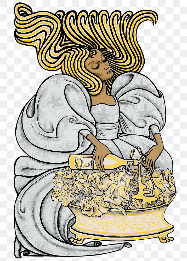 Png retro woman dressing salad, remixed from the artworks of Jan Toorop.