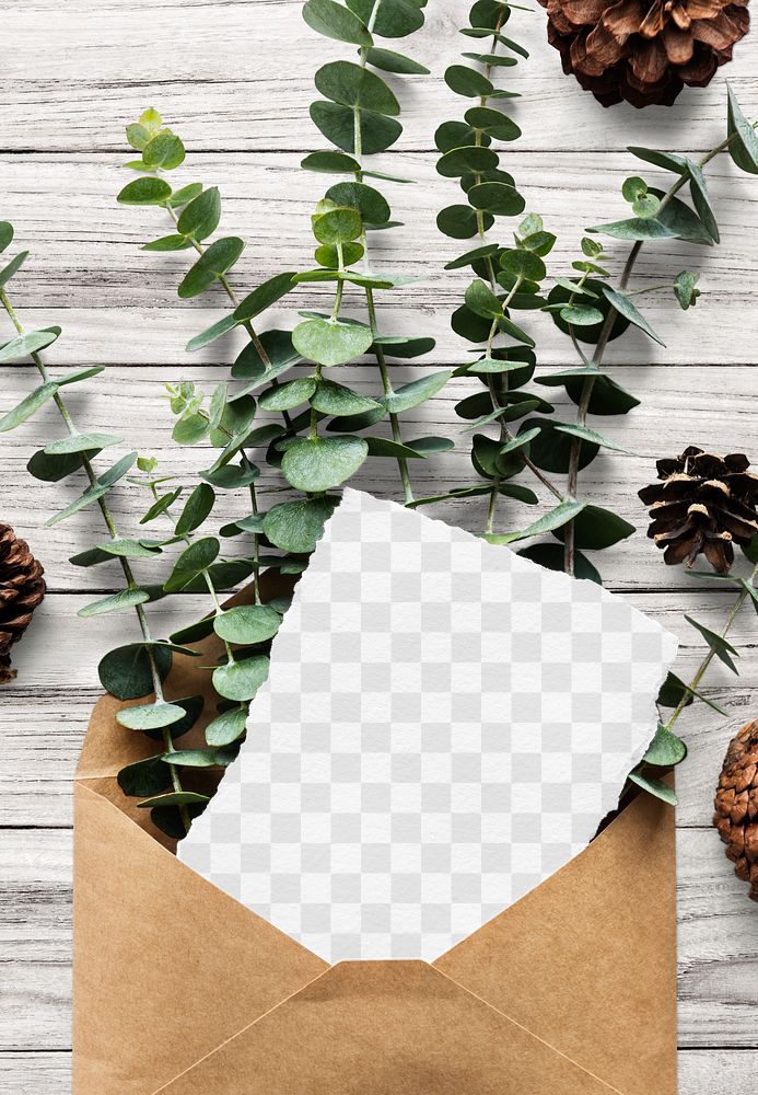 Card png mockup in envelope with leaves