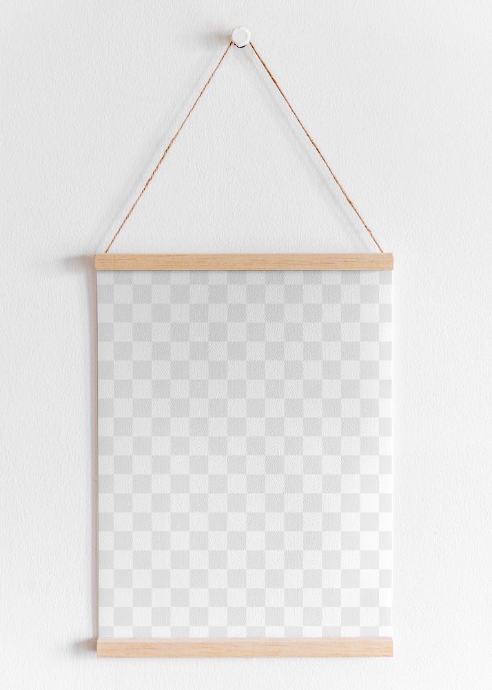 Poster PNG mockup wooden frame hanging on white wall