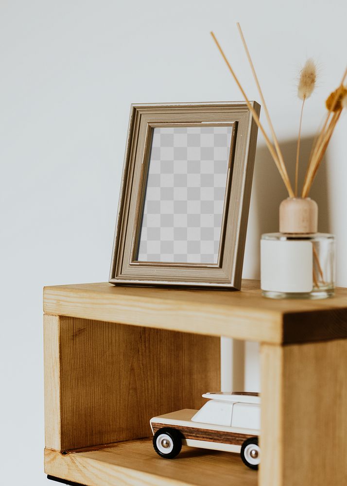 Png picture frame mockup, aesthetic bedside table 