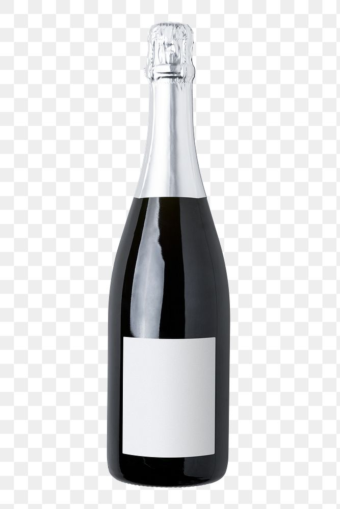 Sparkling wine bottle png, blank label on transparent background