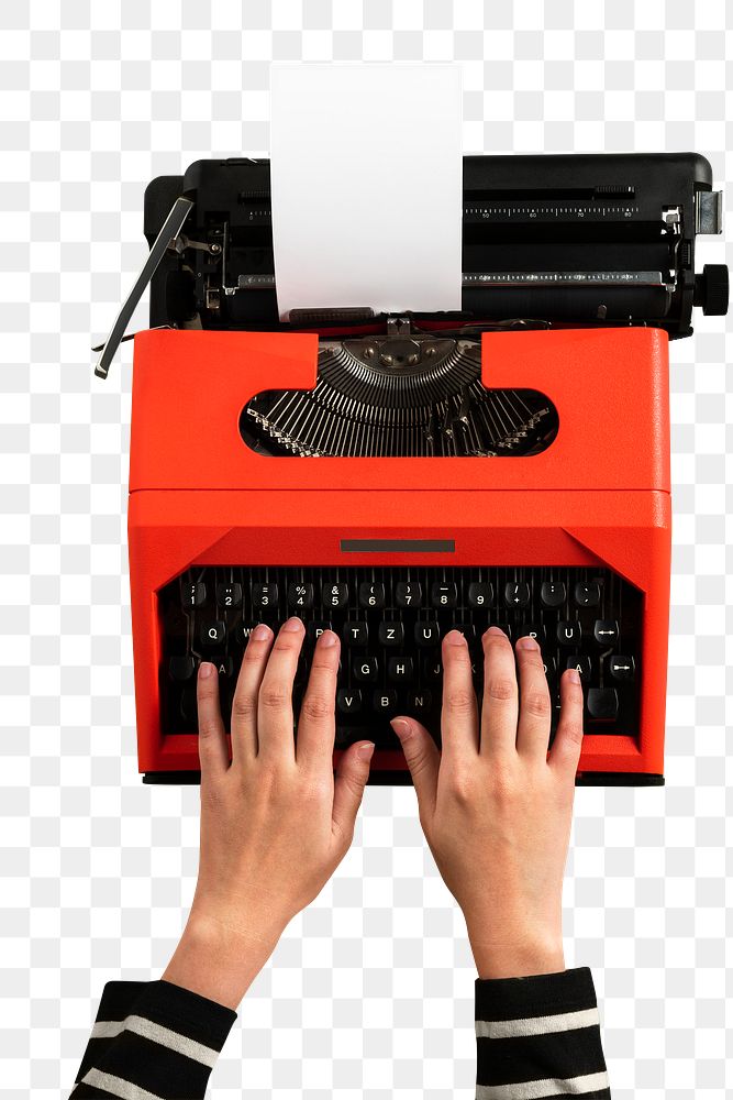 Typing on a red retro typewriter blank paper