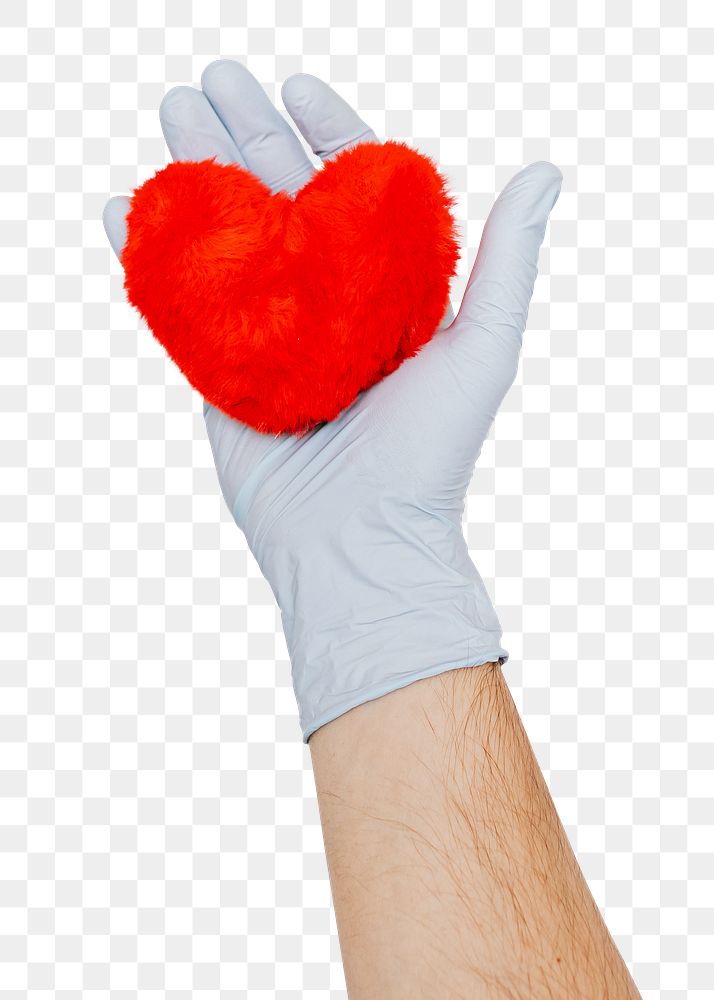 Gloved hand holding a fluffy red heart design element