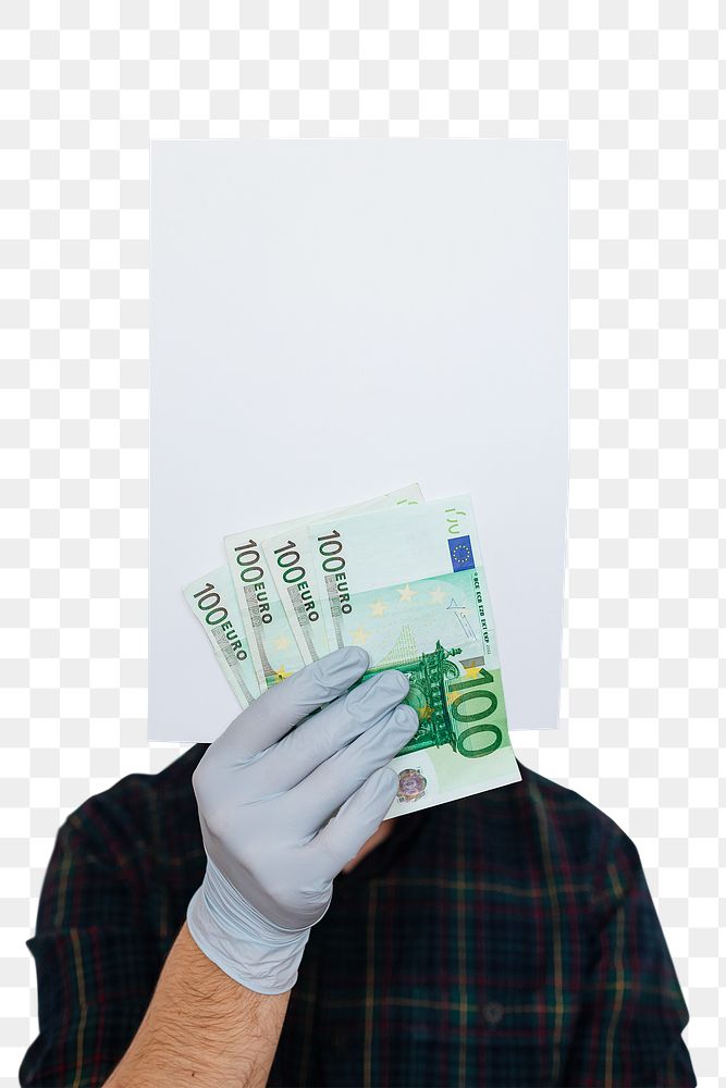 Gloved hands holding a blank paper with banknotes mockup