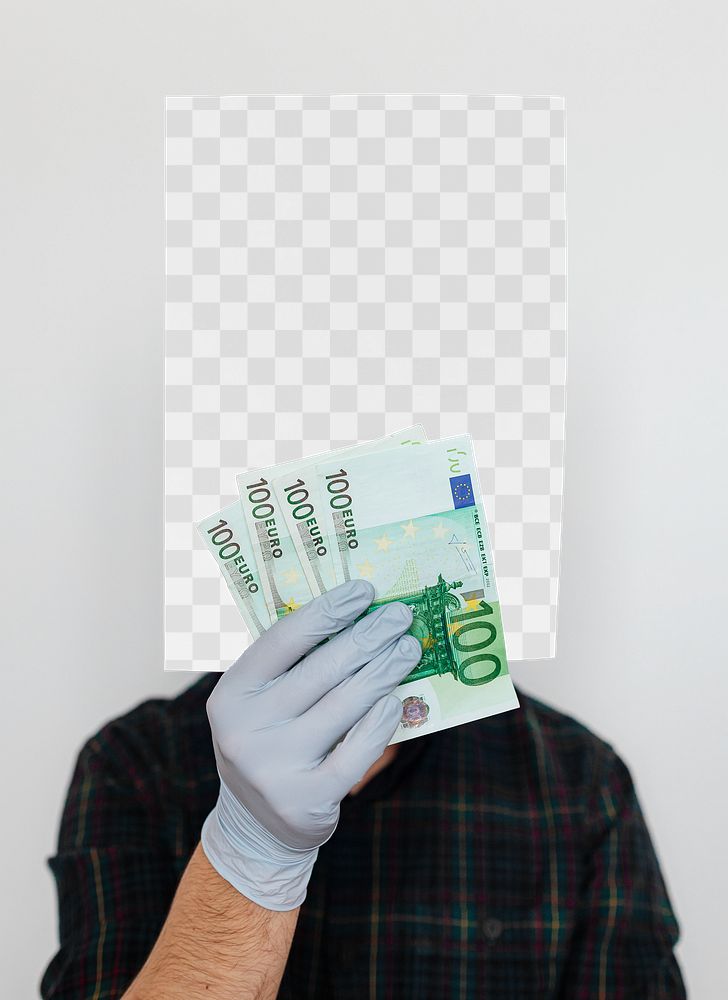 Gloved hands holding a blank paper mockup with banknotes