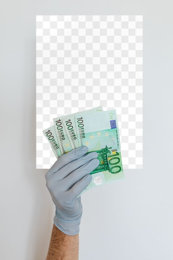 Gloved hands holding a blank paper with banknotes