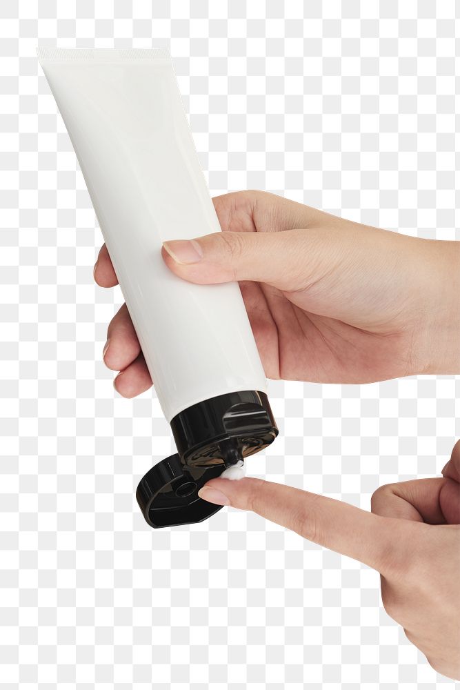 Woman squeezing cream from an unlabeled tube design element