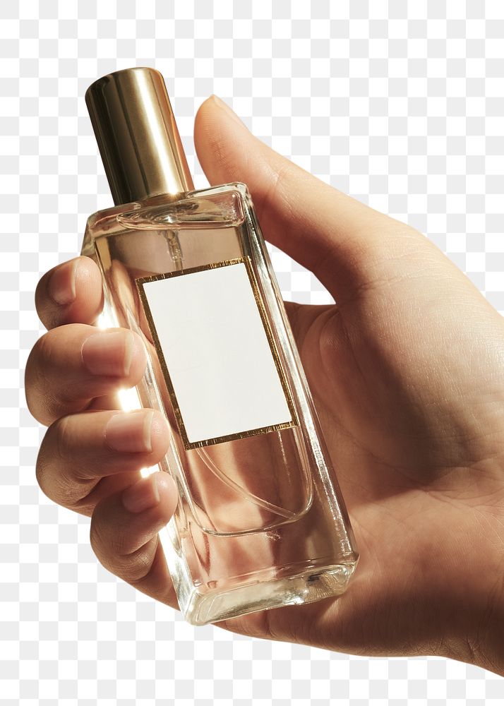 Hand holding blank perfume glass bottle design element