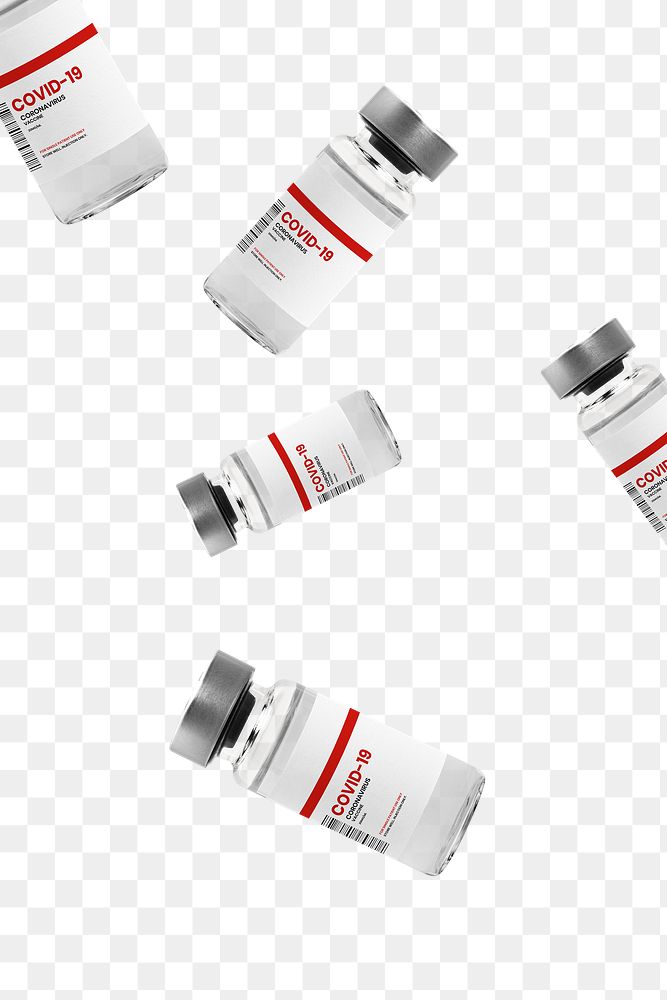Png falling injection bottles with label mockups for COVID-19 vaccine