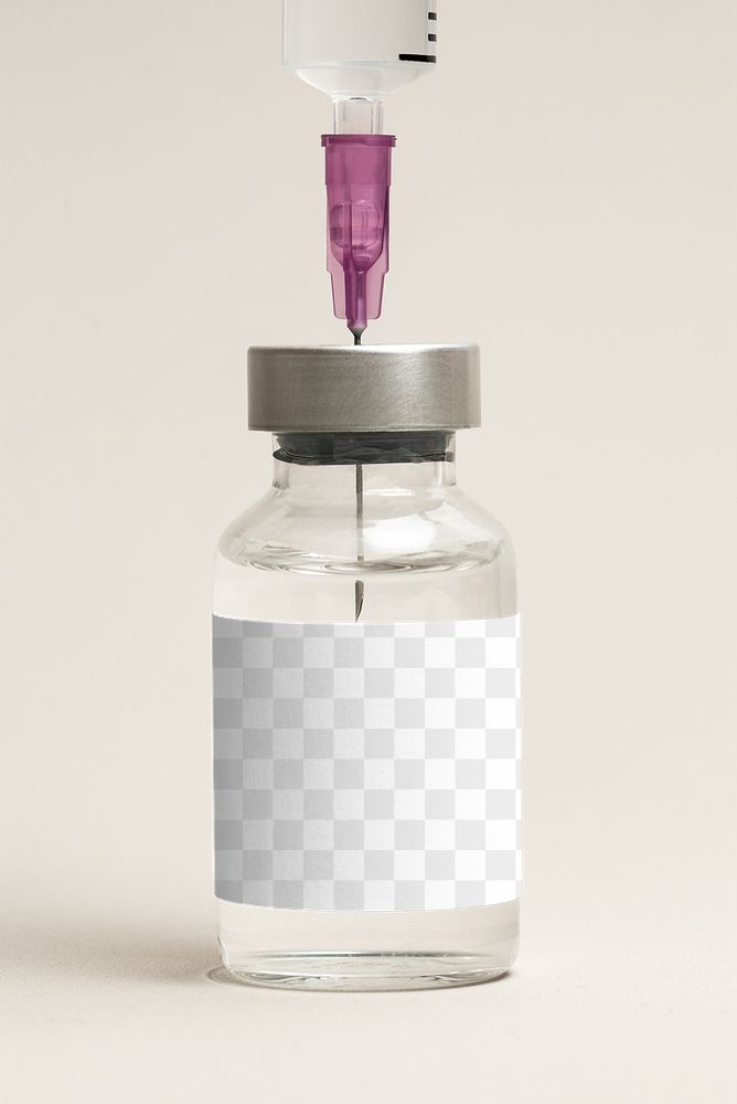 Injection glass vial png label mockup with syringe