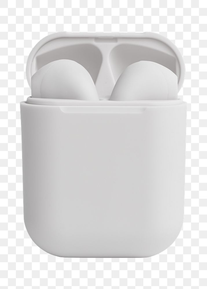 White wireless earbuds case mockup png digital earphones