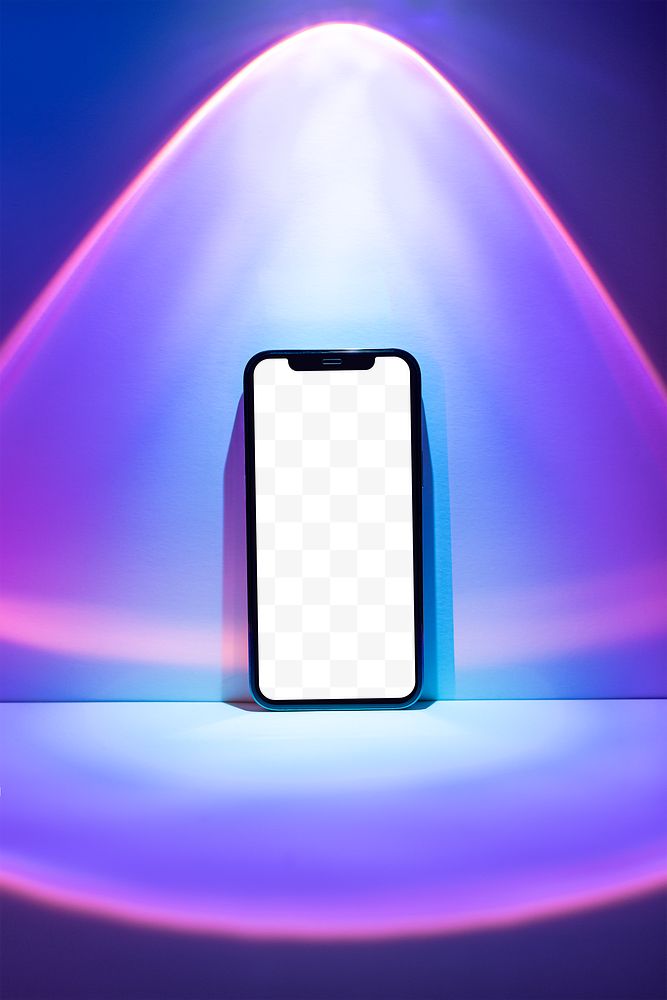 Mobile phone png mockup with purple sunset projector lamp