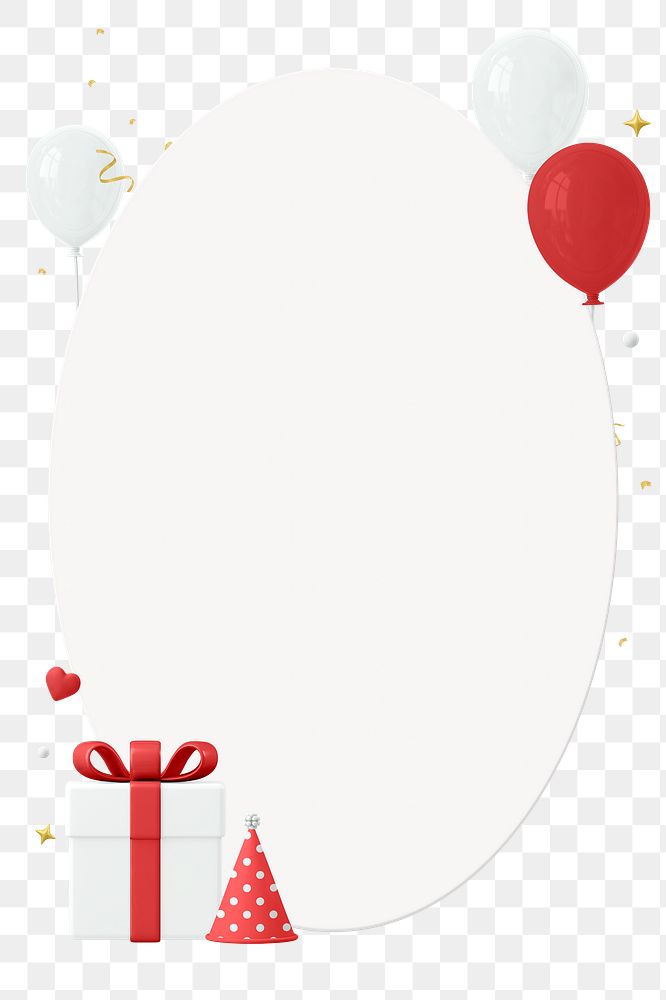 Birthday png frame, 3d style, red gift box, balloon, and party hat, transparent background