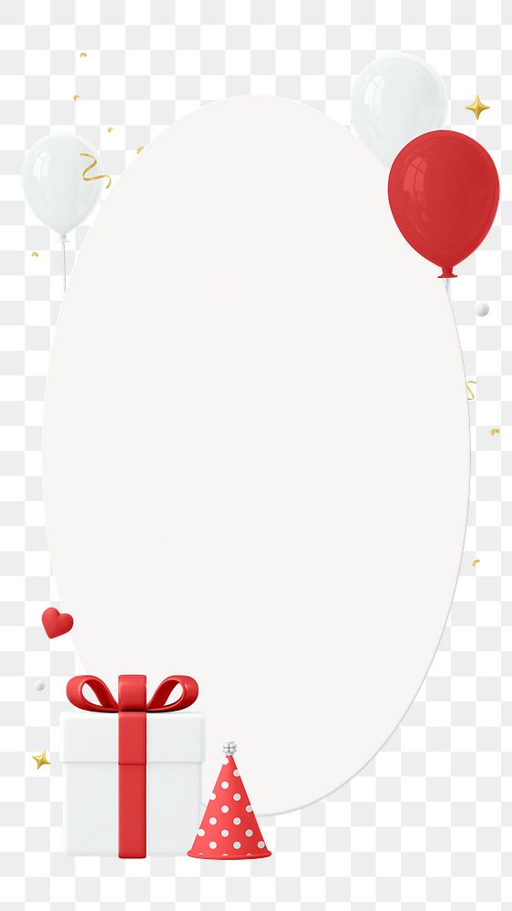 Birthday png frame, 3d style, red gift box, balloon, and party hat, transparent background