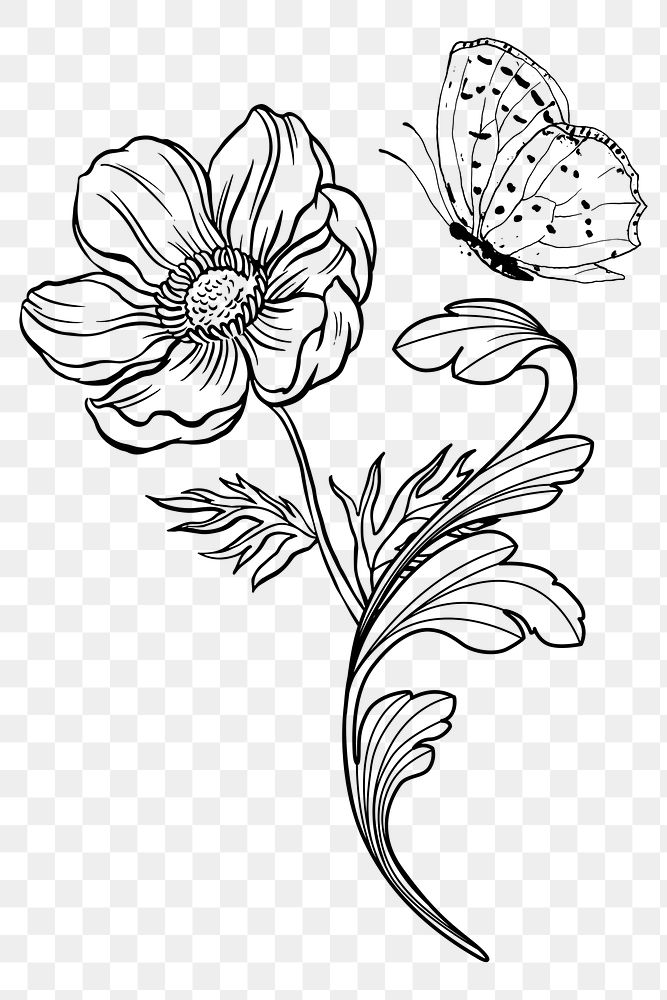 Flower png clipart, aesthetic black line art, transparent background