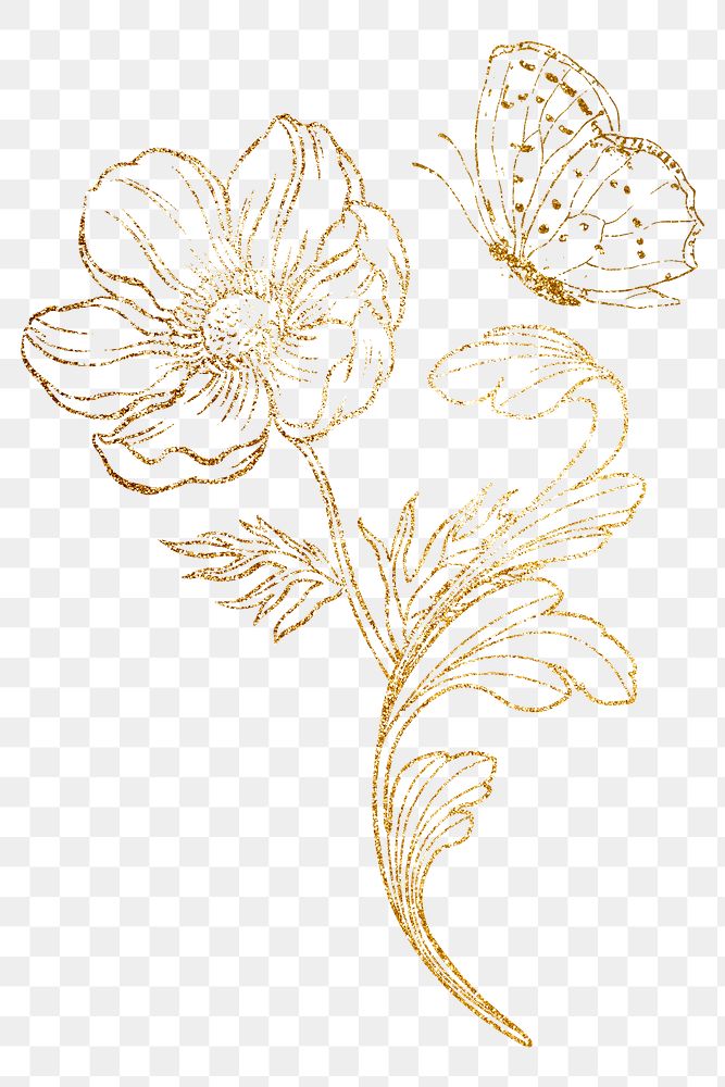 Gold flower png clipart, ornamental floral line art on transparent background