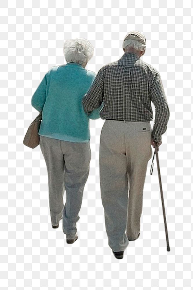 Senior couple png sticker, walking together, transparent background