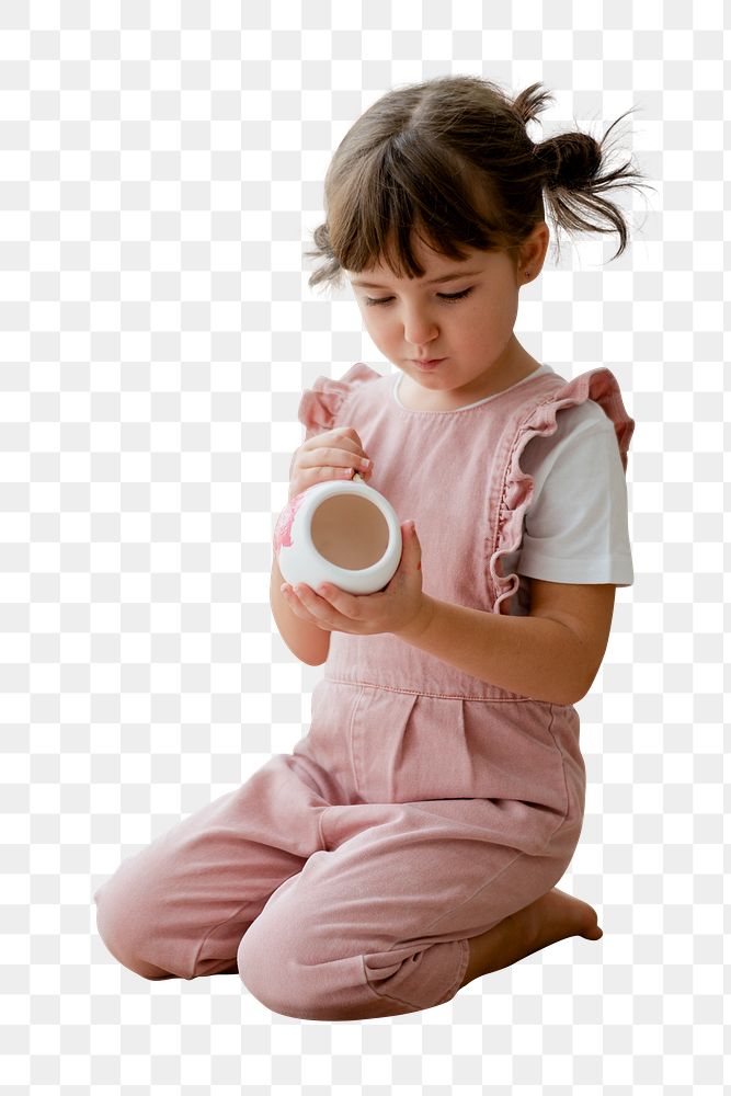 Little girl png sticker, holding a cup, transparent background