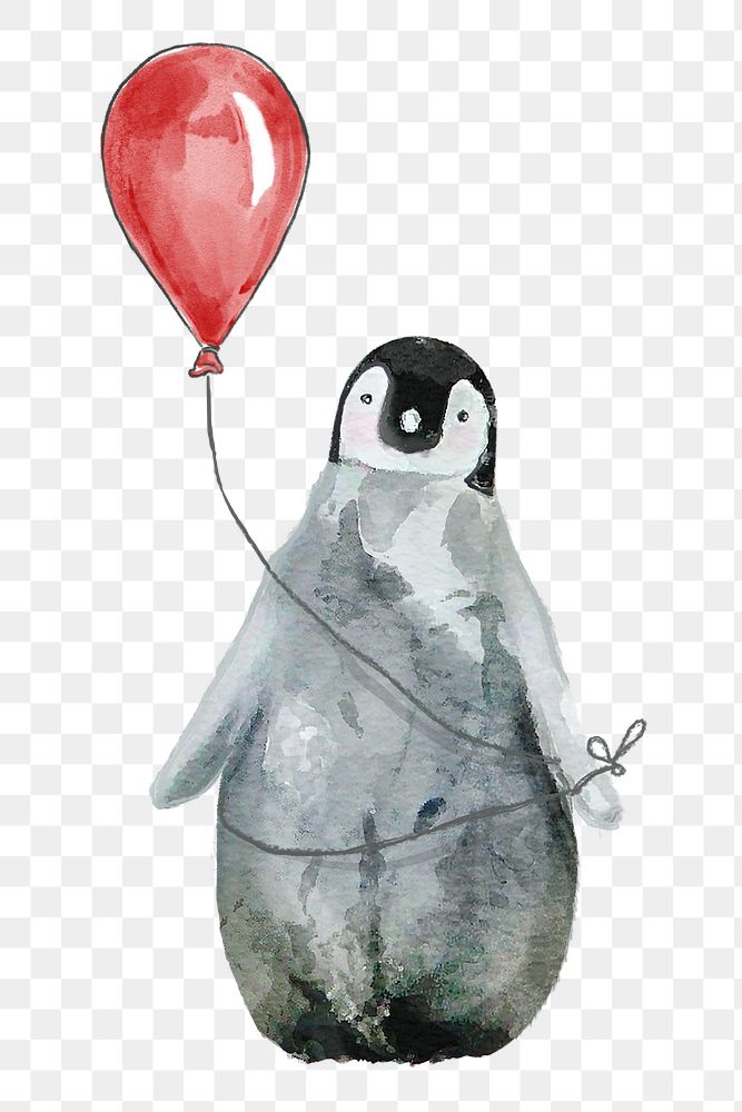 Cute penguin png illustration on transparent background with party balloon