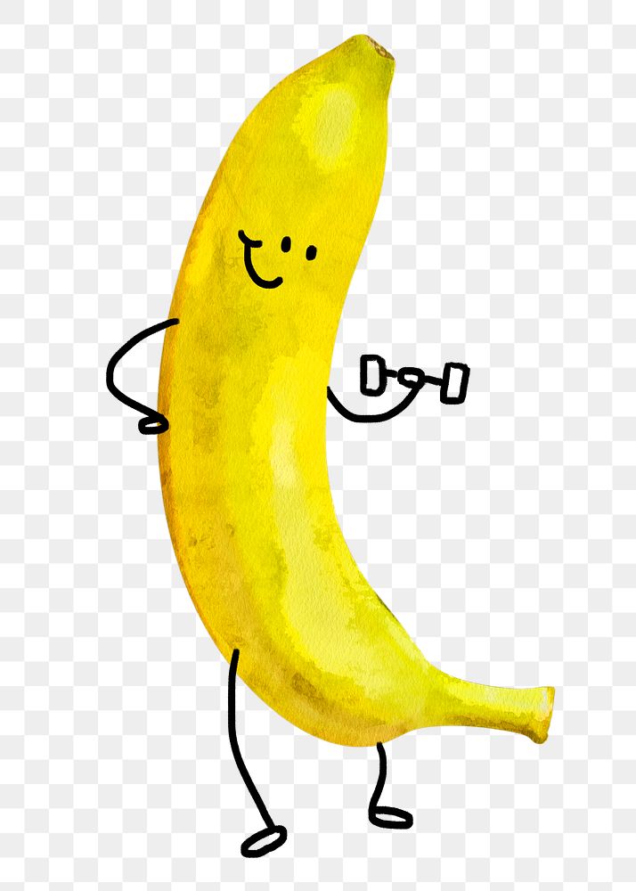 Smiling banana cartoon png clipart, fruit drawing lifting dumbbell on transparent background