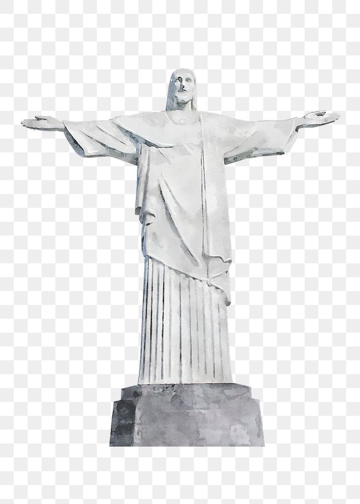 Christ the Redeemer png watercolor illustration, art deco statue in Brazil, transparent background