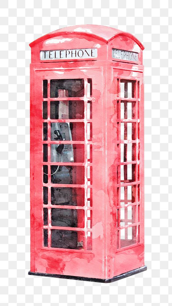 Watercolor telephone box png illustration, London aesthetic, transparent background