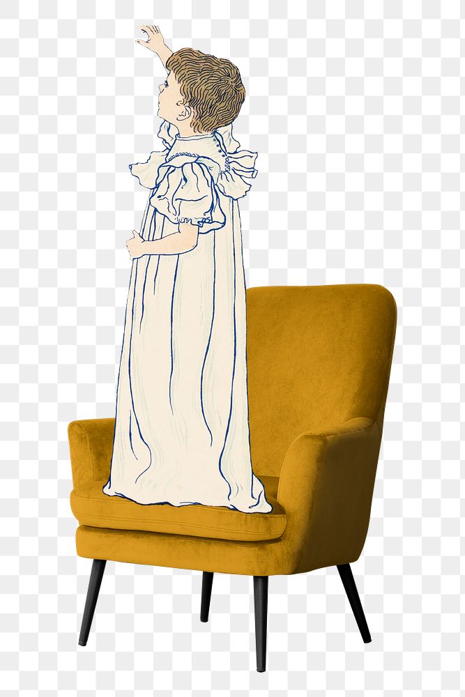 Girl png standing on armchair clipart, surreal vintage remixed media on transparent background