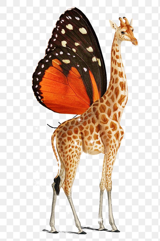 Butterfly winged giraffe png sticker, surreal art with glitter on transparent background