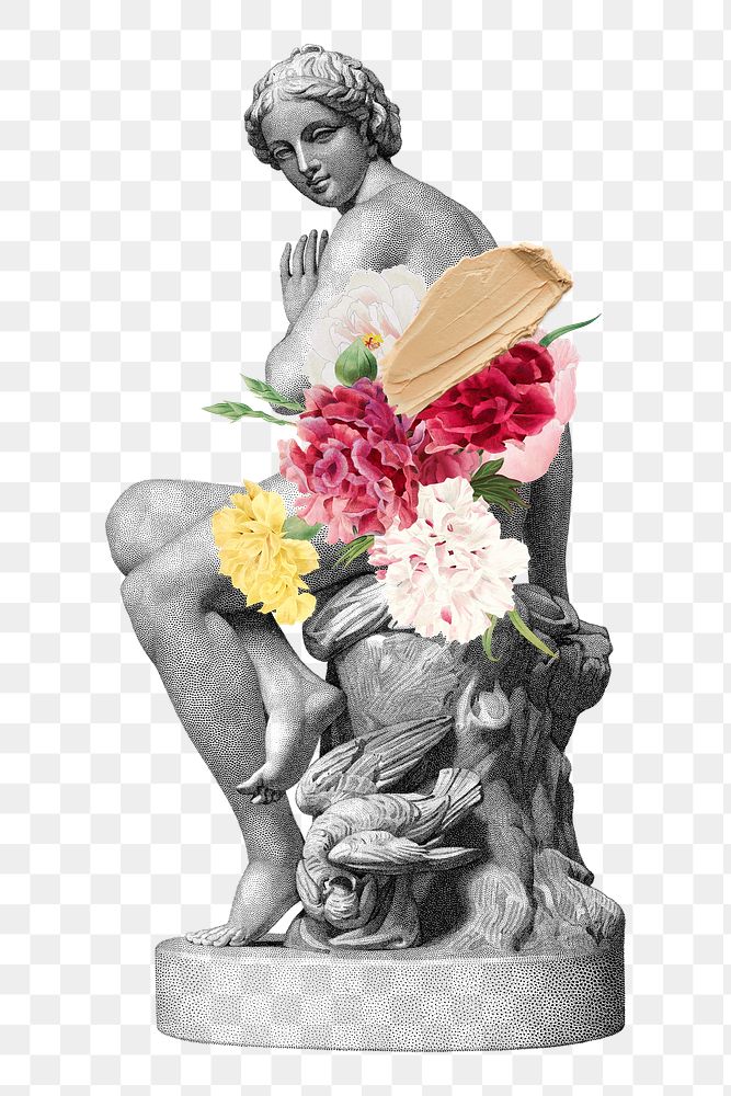 Floral Greek png goddess statue, surreal feminine remixed media on transparent background