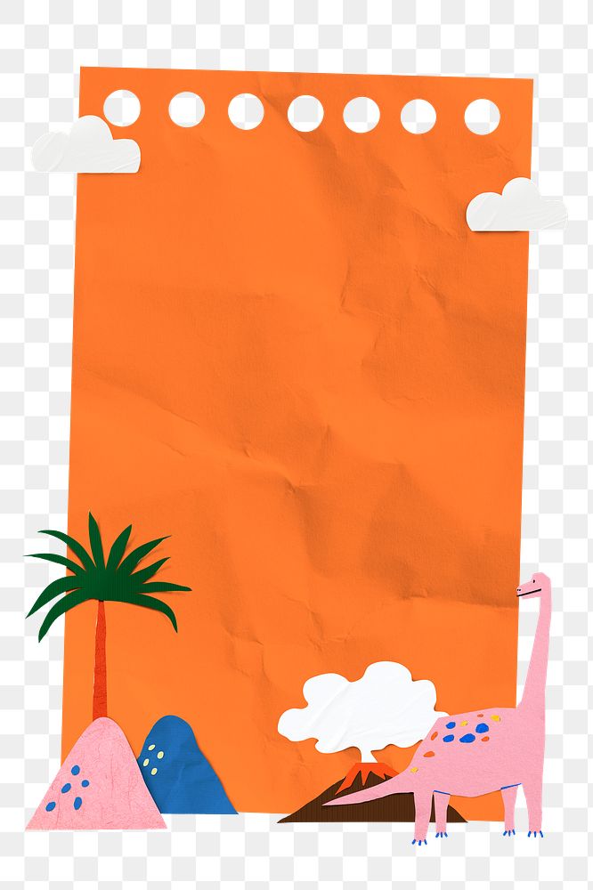 Orange note png, dinosaur paper craft border, copy space shape collage element, transparent background