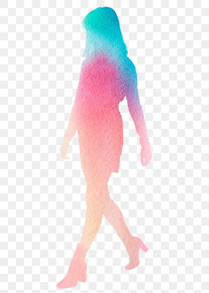 Woman walking png silhouette clipart, aesthetic colorful design
