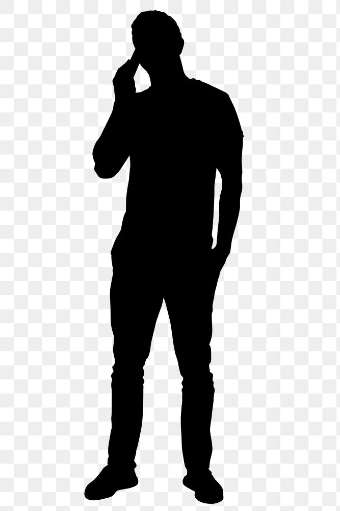 Man on phone png silhouette clipart, black design